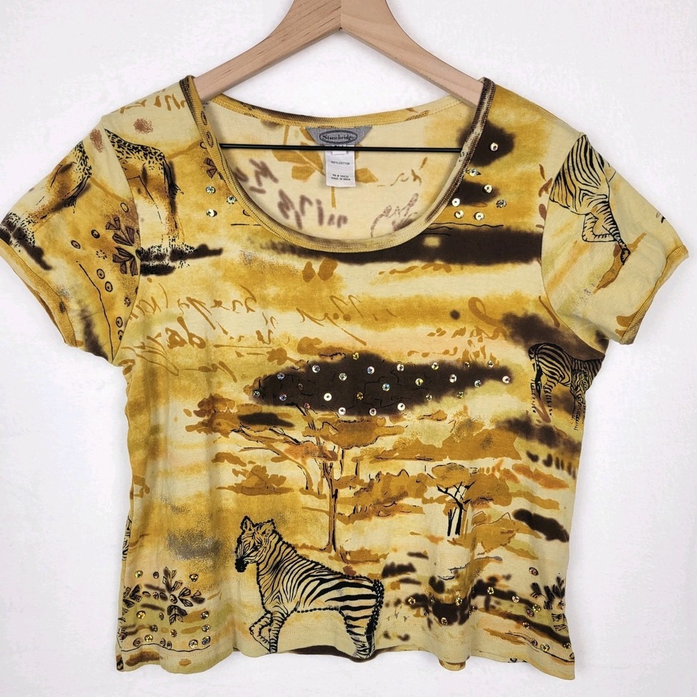 Vintage Stonebridge Safari‎ Animal Print Beaded Top Women's PM Zebra Cotton 90s